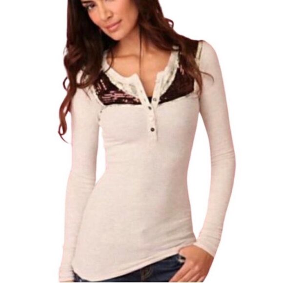 Free People Newbie Thermal Trinket Long Sleeve Henley in Oatmeal | Size Medium - Picture 1 of 9